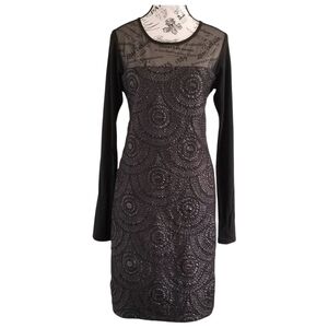 🇨🇦 Lux & Luster Black 3D Texture Midi Dress with Sheer Mesh Sleeves Size Medium